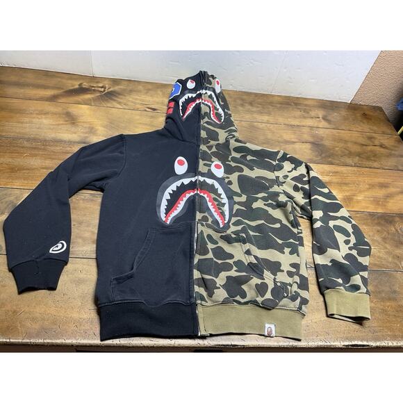 A Bathing Ape Bape Shark Full Zip Black Hoodie Camo Pattern Medium - Picture 1 of 15